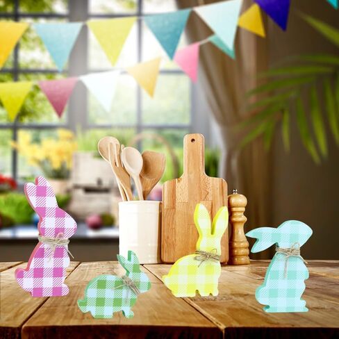 4 Pcs Easter Bunny Wooden Signs Bunny Shaped Easter Decorations for Table Bunny Shaped Farmhouse Decor Spring Bunny Wood Tabletop Easter Decoration with Rope in Saudi Arabia