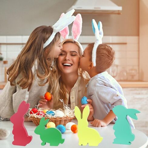 4 Pcs Easter Bunny Wooden Signs Bunny Shaped Easter Decorations for Table Bunny Shaped Farmhouse Decor Spring Bunny Wood Tabletop Easter Decoration with Rope in Saudi Arabia