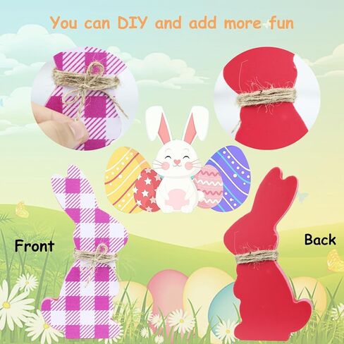 4 قطع أرنب عيد الفصح علامات خشبية على شكل أرنب زينة عيد الفصح لطاولة على شكل أرنب ديكور مزرعة ربيع أرنب خشبي لتزيين عيد الفصح بحبل in Kuwait