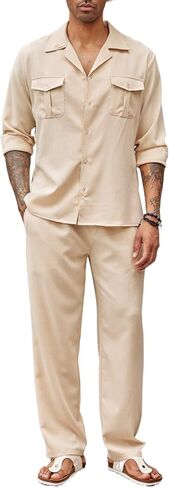 COOFANDY Mens 2 Pieces Cotton Linen Pants and Shirts Summer Outfits Sets（KH,XL Light Khaki in Saudi Arabia
