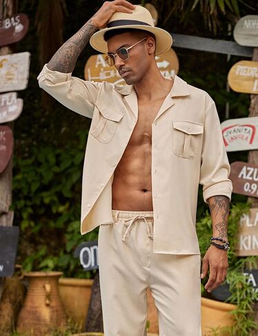 COOFANDY Mens 2 Pieces Cotton Linen Pants and Shirts Summer Outfits Sets（KH,XL Light Khaki in Saudi Arabia