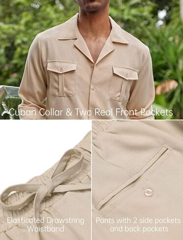COOFANDY Mens 2 Pieces Cotton Linen Pants and Shirts Summer Outfits Sets（KH,XL Light Khaki in Saudi Arabia