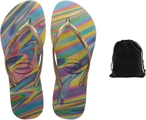شبشب Havaianas النسائي النحيف قزحي الألوان - صنادل أنيقة ومريحة ومتينة بلمسة نهائية معدنية، مثالية للشاطئ والارتداء الكاجوال واليومي، تتضمن حقيبة مخملية، 9-10، أخضر ليموني in Kuwait