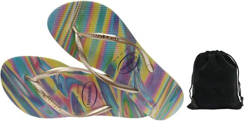 شبشب Havaianas النسائي النحيف قزحي الألوان - صنادل أنيقة ومريحة ومتينة بلمسة نهائية معدنية، مثالية للشاطئ والارتداء الكاجوال واليومي، تتضمن حقيبة مخملية، 9-10، أخضر ليموني in Kuwait