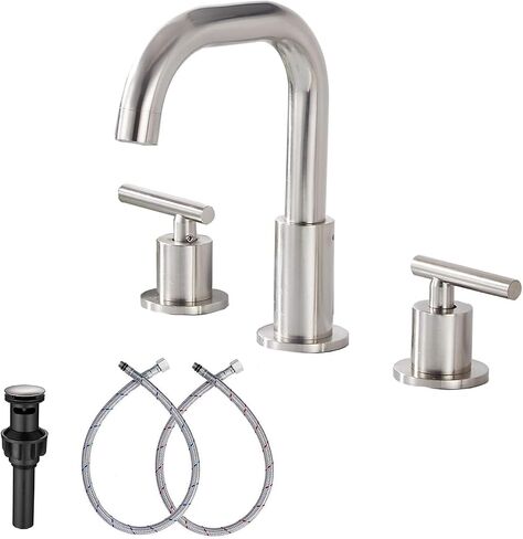 GGStudy 360° Swivel Spout Two Handles 3 Holes 8-16 inch Widespread Bathroom Sink Faucet Matte Black Matching with Pop Up Drain in Saudi Arabia