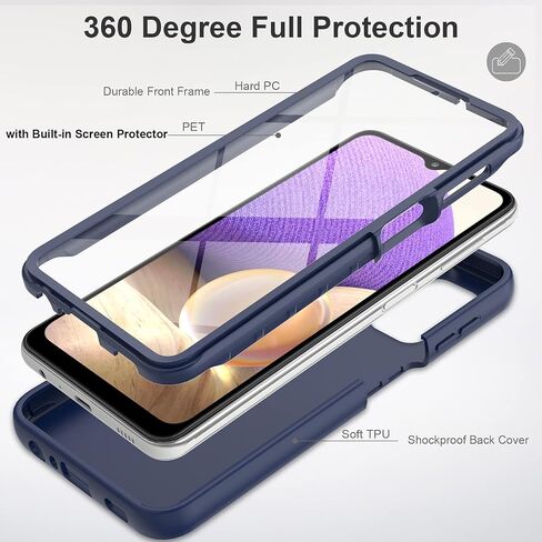 for Samsung Galaxy A32 5G Case with Built-in Screen Protector, Full Body Protection Shockproof Cover Case, [Rugged PC Front Bumper + Soft TPU Back Cover] Armor Protective Phone Case - Black in Saudi Arabia