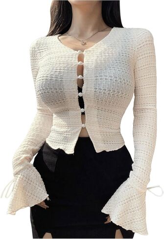 MakeMeChic Women's Pearls Bell Sleeve V Neck Tee Shirt Button Down Fitted Y2K Tops in Saudi Arabia
