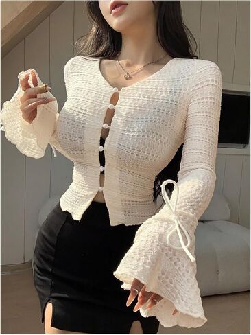 MakeMeChic Women's Pearls Bell Sleeve V Neck Tee Shirt Button Down Fitted Y2K Tops in Saudi Arabia