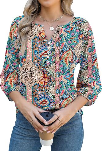 Micoson Womens 3/4 Sleeve Tops Dressy Casual V Neck Chiffon Work Blouses Loose Fit Business Button Down Shirts in Saudi Arabia