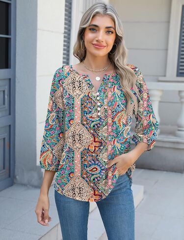 Micoson Womens 3/4 Sleeve Tops Dressy Casual V Neck Chiffon Work Blouses Loose Fit Business Button Down Shirts in Saudi Arabia