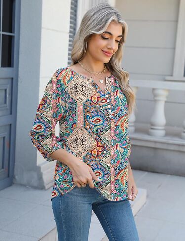 Micoson Womens 3/4 Sleeve Tops Dressy Casual V Neck Chiffon Work Blouses Loose Fit Business Button Down Shirts in Saudi Arabia