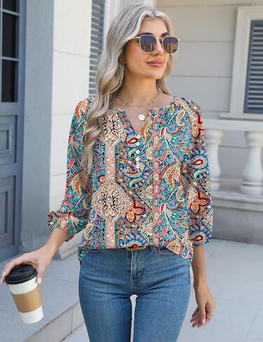 Micoson Womens 3/4 Sleeve Tops Dressy Casual V Neck Chiffon Work Blouses Loose Fit Business Button Down Shirts in Saudi Arabia