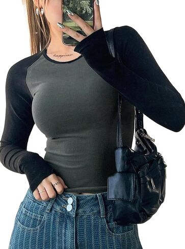 تي شيرت Avanova نسائي راجلان كولوربلوك بأكمام طويلة ورقبة دائرية، قمصان كاجوال رفيعة in Kuwait