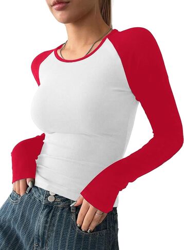 Avanova Women Raglan Colorblock Long Sleeve Crewneck Tee Shirts Slim Casual Tops in Saudi Arabia