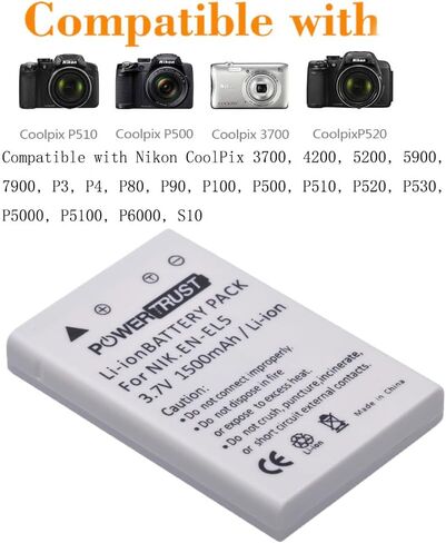 PowerTrust 3X EN-EL5 EL5 Battery and Fast Charger Kits for Nikon ENEL5 CoolPix 3700, 4200, 5200, 5900, 7900, P3, P4, P80, P90, P100, P500, P510, P520, P530, P5000, P5100, P6000, S10 Digital Camera in Kuwait
