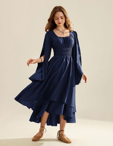 Scarlet Darkness Women Renaissance Costume Split Bell Sleeve Double Layered High Low Dress in Saudi Arabia