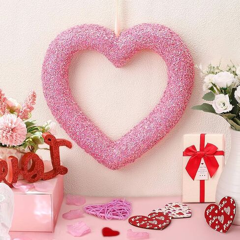 13" Valentine's Day Heart Felt Pom Pom Wreath, Valentine Felt Heart Wreath for Front Door Hanger, Pink Wool Felt Ball Valentine Wreath, Pompom Heart Wreath for Wedding Holiday Engagement Anniversary in Saudi Arabia