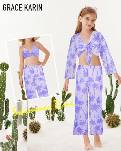 GRACE KARIN Teen Girls Bathing Suits Kids 4 Piece Long Sleeve Swimsuit Kimono Up Pants Bikini Tankini Set Swimwear in Kuwait