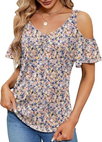 Womens V Neck Tops Cold Shoulder Short Sleeve T-Shirt Pleated Floral Printed Tunic Blouse Tops Shirt Tops in Saudi Arabia