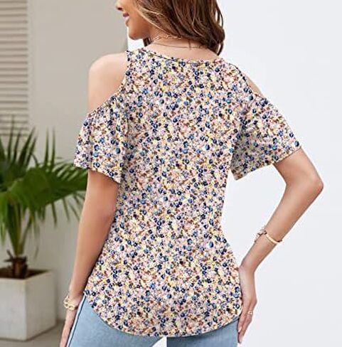 Womens V Neck Tops Cold Shoulder Short Sleeve T-Shirt Pleated Floral Printed Tunic Blouse Tops Shirt Tops in Saudi Arabia