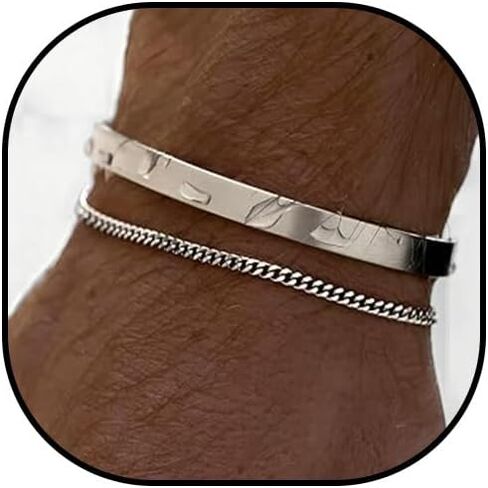 Silver Bracelets for Men Layered Silver Bracelets Mens Silver Bracelet Cuban Link Bracelet Stack Silver Chain Bracelet Trendy Mens Jewelry for Dad Husband Boyfriend in Saudi Arabia