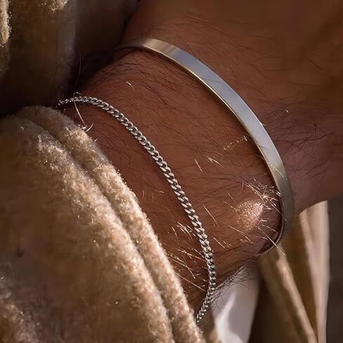 Silver Bracelets for Men Layered Silver Bracelets Mens Silver Bracelet Cuban Link Bracelet Stack Silver Chain Bracelet Trendy Mens Jewelry for Dad Husband Boyfriend in Saudi Arabia
