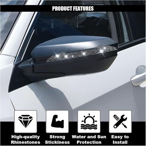 4PCS Bling Car Door Handle Scratch Protector, Crystal Rhinestone Sticker Car Door Edge Guard, Side Rearview Mirror Anti-Collision Strip, Exterior Accessories for Women Men (White) in Kuwait