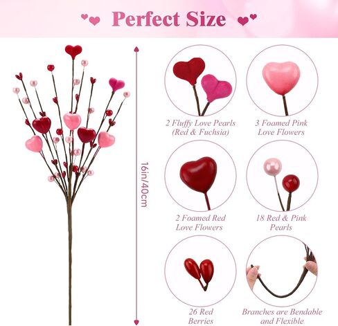 8 PCS Valentine's Day Gifts, Artificial Red Berry Flower Stems Pink Heart Shaped Berries Picks Branches for Valentine Decorations, Mother's Day, Wedding Anniversary Home Table Indoor Decor in Saudi Arabia