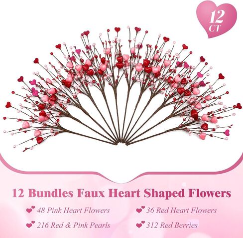 8 PCS Valentine's Day Gifts, Artificial Red Berry Flower Stems Pink Heart Shaped Berries Picks Branches for Valentine Decorations, Mother's Day, Wedding Anniversary Home Table Indoor Decor in Saudi Arabia