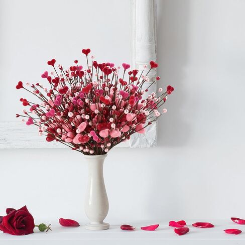 8 PCS Valentine's Day Gifts, Artificial Red Berry Flower Stems Pink Heart Shaped Berries Picks Branches for Valentine Decorations, Mother's Day, Wedding Anniversary Home Table Indoor Decor in Saudi Arabia
