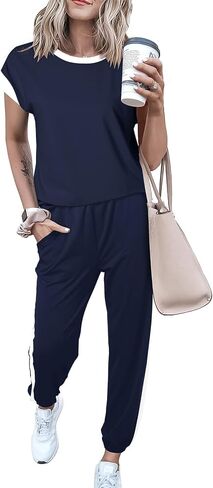 Dokotoo ملابس نسائية مكونة من قطعتين بدلة رياضية Colorblock مريحة مجموعات صالة متماسكة قصيرة الأكمام Jogger Sweatpants رياضية in Saudi Arabia