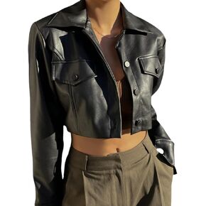 ZGMYC Women's Faux Leather Crop Jacket Button Down Long Sleeve Casual Jacket Outerwear Short Coat Streetwear