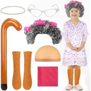 Haull 8 Pcs Old Lady Costume for Kids Girls 100th Day of School Grandma Costume Accessories Dress Granny Wig Crutch Glasses (Floral,7-10 Years)