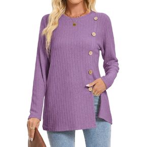 Womens Long Sleeve Tops Dressy Casual Blouses Trendy Loose Fit Shirts Side Split Tunic