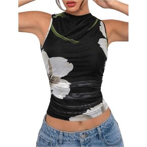 Women's Floral Print Crew Neck Tank Top Sleeveless Mesh Ruched Crop Shirt