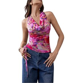 MakeMeChic Women's Floral Tie Dye Mesh Top Draped Front Halter Backless Ruched Drawstring Tank Tops