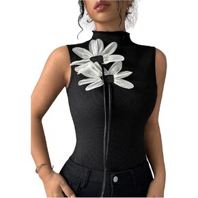 MakeMeChic Women's 3D Floral Mock Neck Tank Tops Sleeveless Tops Rib Knitted Summer Shirt
