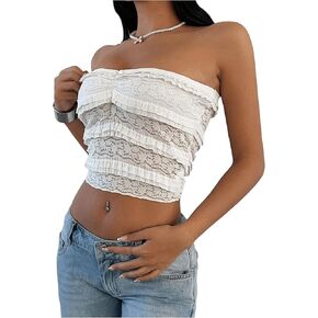 MakeMeChic Women's Y2k Lace Tube Top Going Out Strapless Ruffle Tiered Bandeau Crop Tops