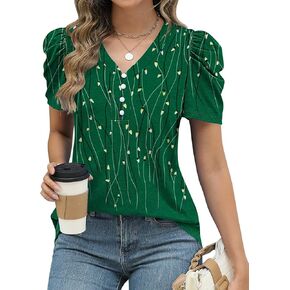 LOMON Womens Puff Short Sleeve Shirt Summer Tops V Neck Casual T Shirts Loose Fit Blouses