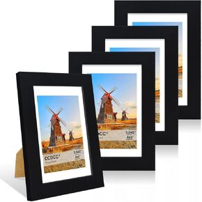 4x6 Picture Frame Set of 4, 4 x 6 Wood Photo Frames with Mat for 3.5x5, Natural Wooden Frame with Real Glass Cover for Wall and Tabletop Display,Rustic Brown