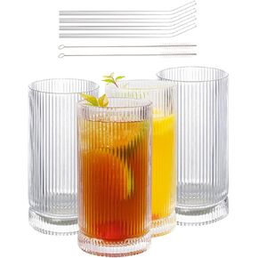 Vintage Ribbed Glassware Set with bamboo lids and straws, 16oz Drinking Glasses, Origami Style Set of 4, Fluted Design, Ideal for Water, Iced Coffee, Juice, Beer, Milk, Cocktail, Gift