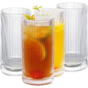 Vintage Ribbed Glassware Set with bamboo lids and straws, 16oz Drinking Glasses, Origami Style Set of 4, Fluted Design, Ideal for Water, Iced Coffee, Juice, Beer, Milk, Cocktail, Gift
