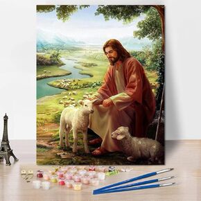mrpwnle Jesus Paint by Numbers Kit for Adults Beginner, Christ Jesus Adult Paint by Number Kits on Canvas, DIY Acrylic Watercolor Oil Paint by Number for Adults for Home Decor Gift 16x20 Inch