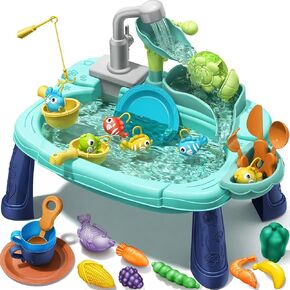 Geyiie Kids Sink with Running Water, 14.5''L x 9.4''W x 11.6''H Interactive Small Play Sink for Toddlers, Includes Real Faucet, Kitchen Accessories, Fishing Toys - Kids Role Play Dishwasher Toy