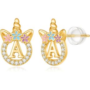 925 Sterling Silver Unicorn Earrings, 14K Gold/Rose Gold/Silver/Unicorn Earrings for Girls Kids Toddler Little Girls Hypoallergenic Letter Initial Earrings for Girls Christmas Gifts