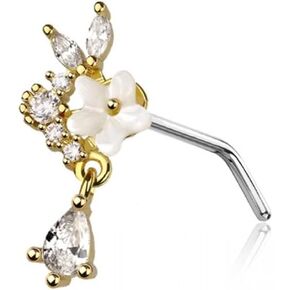 Pierced Owl 20GA 316L Stainless Steel White Flower with CZ Crystal Teardrop L-Bend Nose Stud