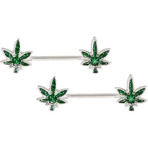 Stainless Steel Nipple Rings Weed Cute Barbell Marijuana Leaf Nipple Piercing Jewelry for Women Men Body Retainer 14G(1.6mm) 16mm 2Pcs