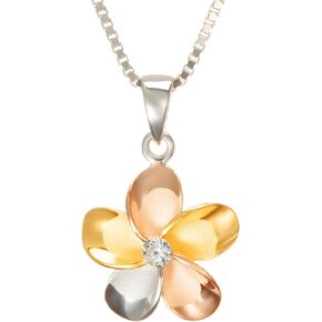 14K Gold Plated 925 Sterling Silver Cubic Zirconia Hawaiian Plumeria Flower Necklace Pendant with 18" Box Chain, Nickel Free Hypoallergenic for Sensitive Skin, Gift Box Included