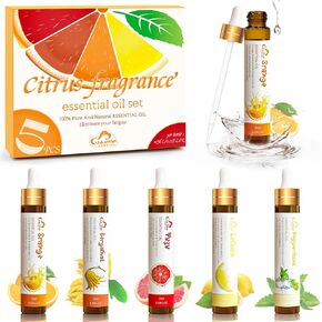 Essential Oils Set (Top 5) - Natural Aromatherapy Oil for Diffuser, Body Skin Care, Home, Candle Making, Spa and Birthday Gifts for Women and Men - Lemon, Bergamot, Orange, Peppermint, Yuzu