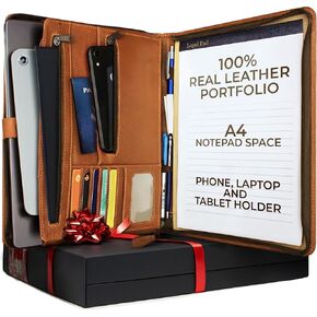 Premium Cowhide Leather Portfolio for Men and Women Zipper,Professional Zippered Padfolio,iPad Portfolio Case,Genuin Folio Folder Leather Organizer Planner with Tablet Sleeve,Business Card Holders